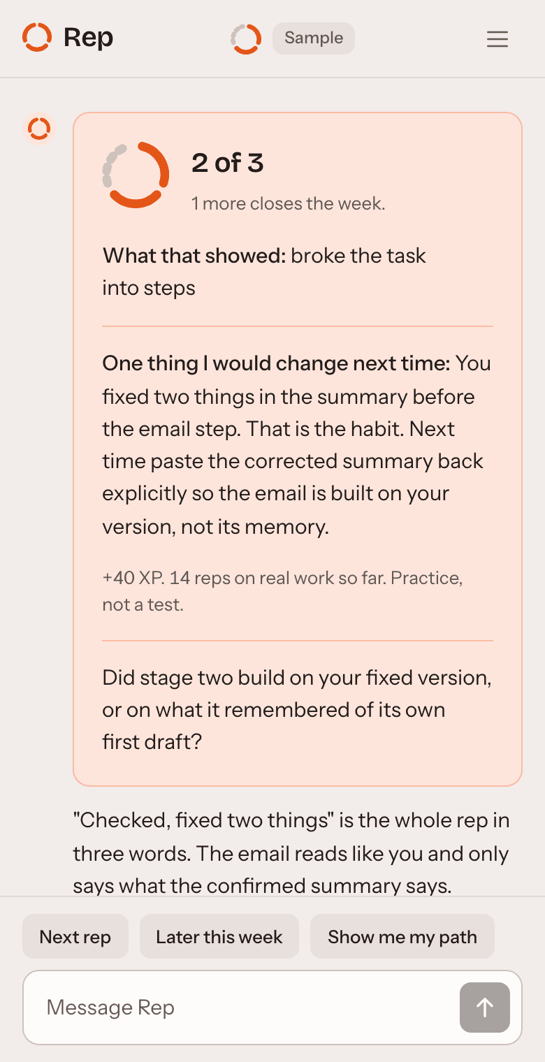 Rep open on a phone. The coach thread on a sample account, with the week ring in the top bar.