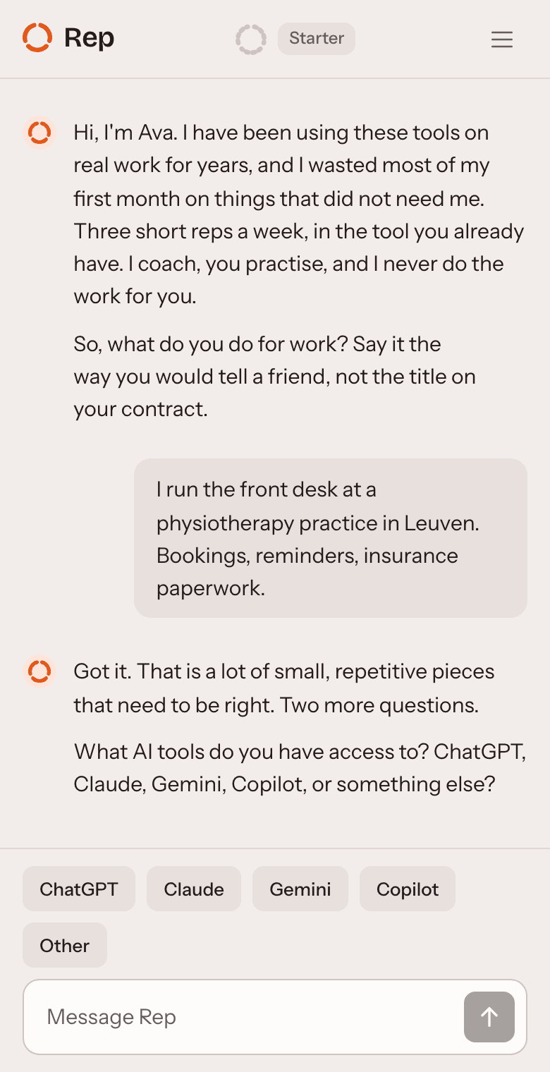 The first conversation in Rep. The coach says it will never do the work, then asks what you do for a living, and someone answers that they run the front desk at a physiotherapy practice.