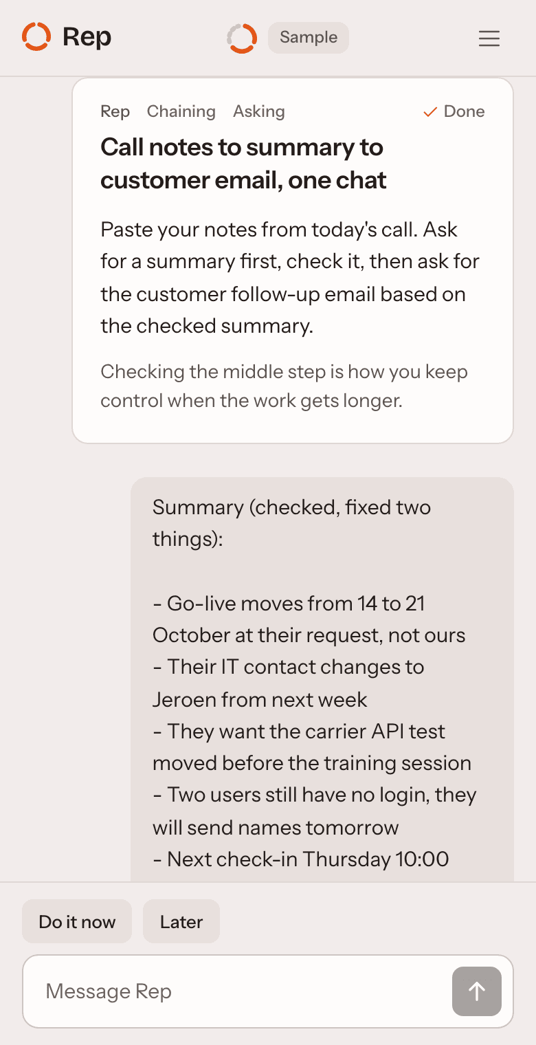 An open rep card in Rep: the behaviour it practises, about seven minutes, the task, why it matters, the way it usually goes wrong, and a starter prompt to copy into your own tool.