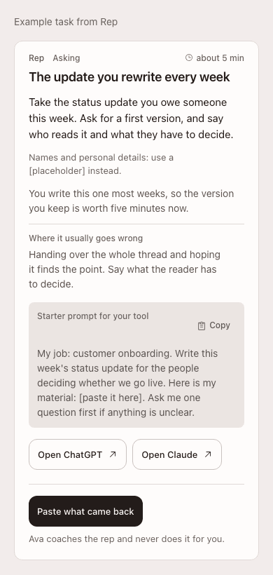 Example task from Rep on a phone: turn this week's status update into a short AI practice task.