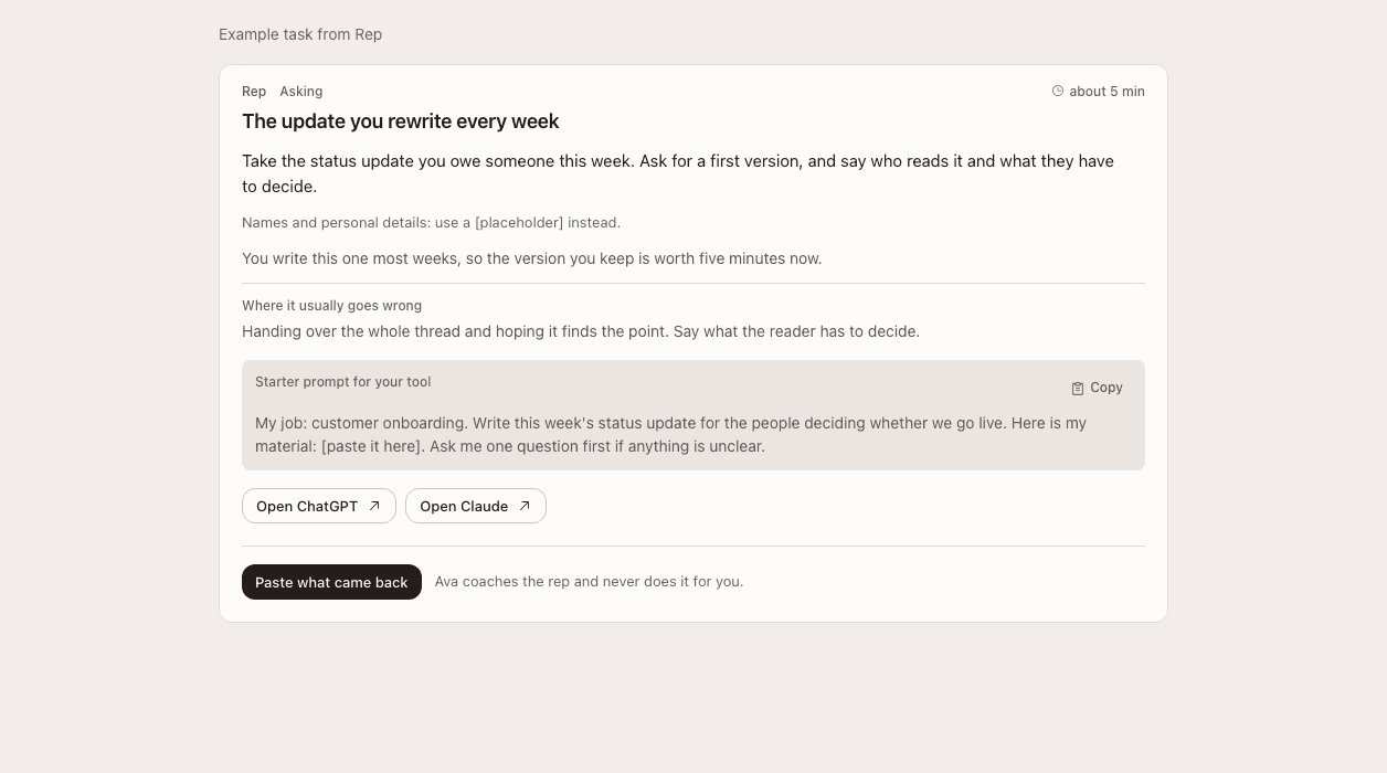 Example task from Rep: practise writing a weekly status update, with a starter prompt and links to your AI tool.
