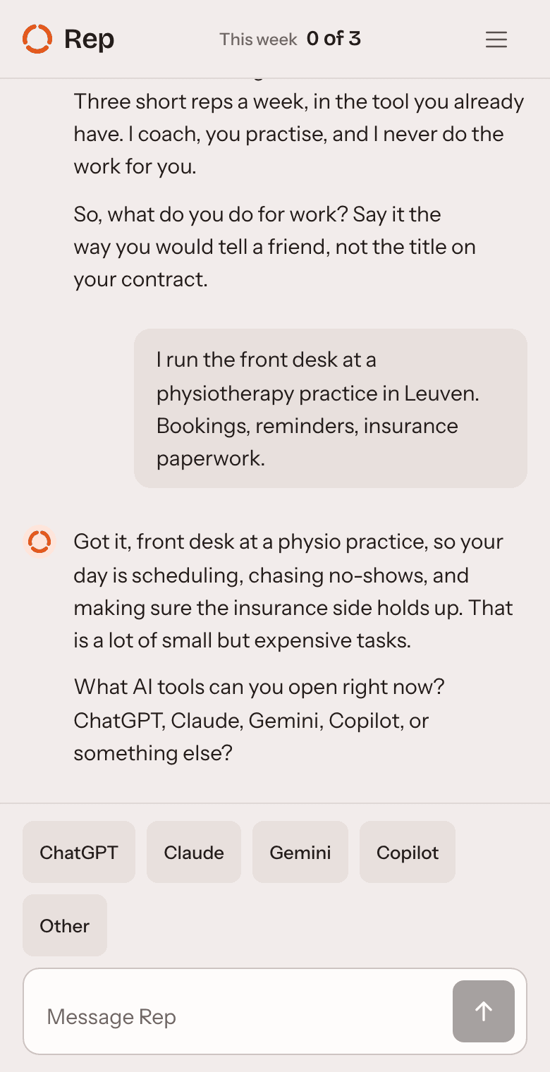 The first conversation in Rep. The coach says it will never do the work, then asks what you do for a living, and someone answers that they run the front desk at a physiotherapy practice.