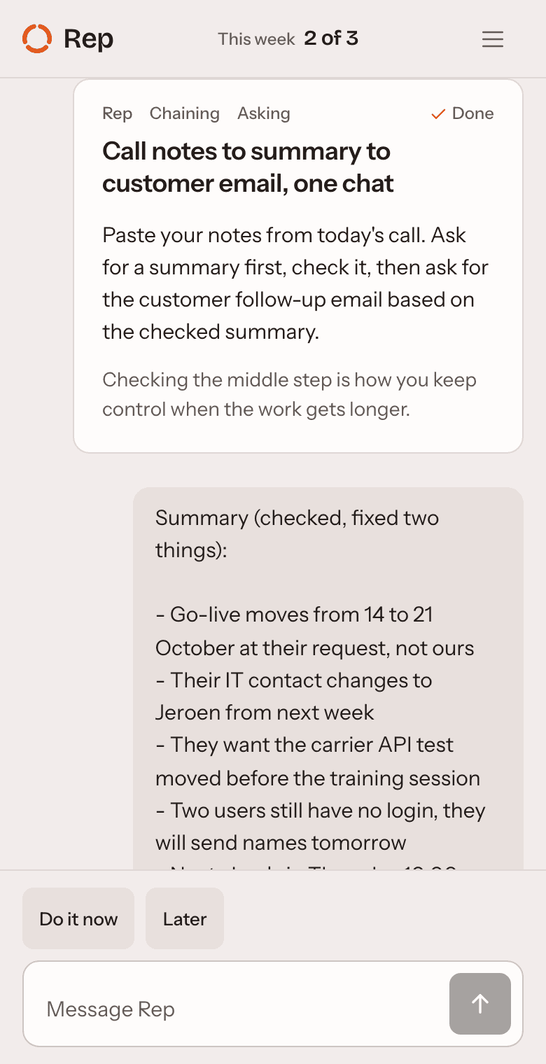 An open rep card in Rep: the behaviour it practises, about seven minutes, the task, why it matters, the way it usually goes wrong, and a starter prompt to copy into your own tool.